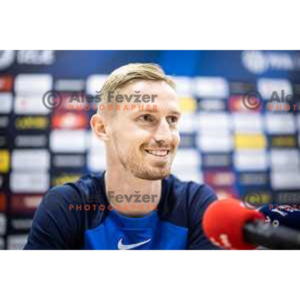 Zan Karnicnik at the press conference after Prva liga Telemach football match between Olimpija Ljubljana and Celje in Stadion z’dezele, Celje, Slovenia on April 27, 2025. Photo: Jure Banfi