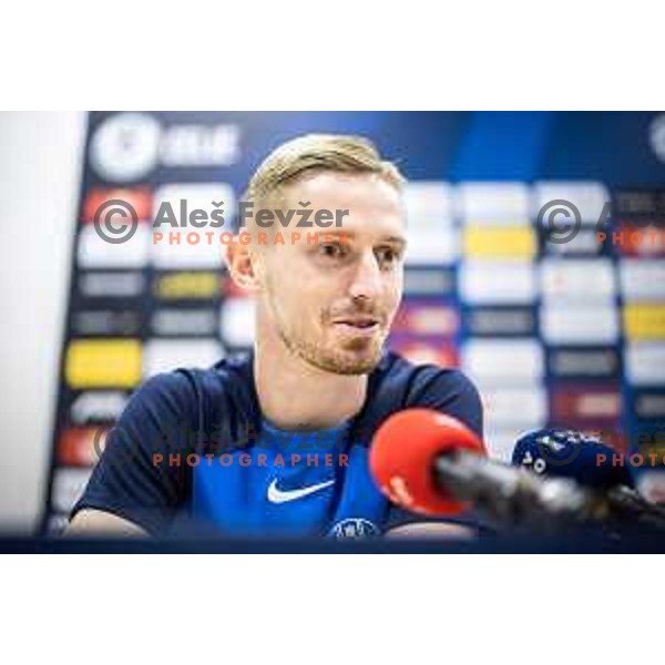 Zan Karnicnik at the press conference after Prva liga Telemach football match between Olimpija Ljubljana and Celje in Stadion z’dezele, Celje, Slovenia on April 27, 2025. Photo: Jure Banfi