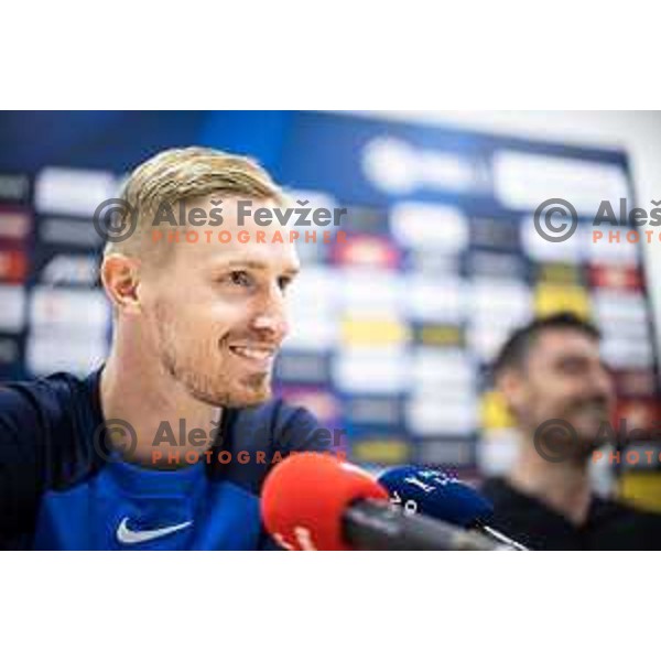 Zan Karnicnik at the press conference after Prva liga Telemach football match between Olimpija Ljubljana and Celje in Stadion z’dezele, Celje, Slovenia on April 27, 2025. Photo: Jure Banfi