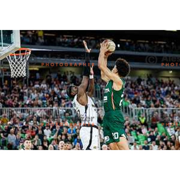 Joan Beringer in action during regular season basketball match of AdmiralBet ABA League 2024/2025 between Cedevita Olimpija Ljubljana (SLO) and Partizan Mozzart Bet (SRB) in SRC Stozice, Ljubljana, Slovenia on April 27, 2025