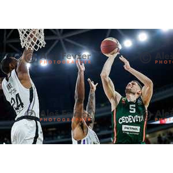 Aleksej Nikolic in action during regular season basketball match of AdmiralBet ABA League 2024/2025 between Cedevita Olimpija Ljubljana (SLO) and Partizan Mozzart Bet (SRB) in SRC Stozice, Ljubljana, Slovenia on April 27, 2025