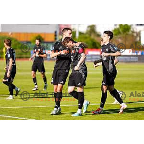 Kai Cipot and players of Mura celebrate a goal during Prva Liga Telemach 2024/25 football match between Bravo Big Bang and Mura in Ljubljana, Slovenia on April 28, 2025