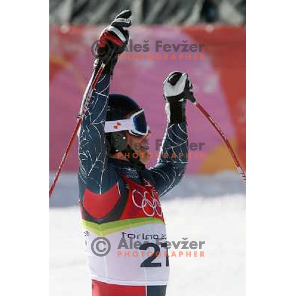 in the finish line of 2006 Torino Winter Olympic games men\'s downhill race in Borgata, Sestriere on February 12, 2006