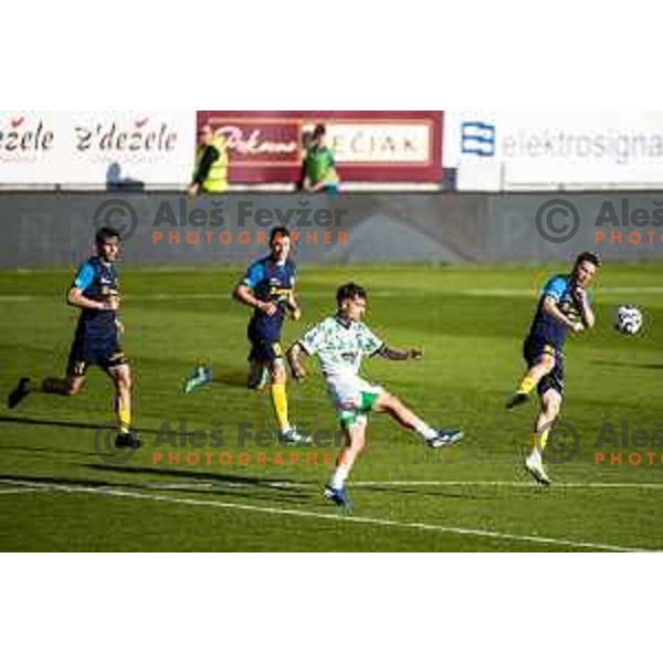 Diogo Costa Pinto vs Tamar Svetlin in action during Prva liga Telemach football match between Olimpija Ljubljana and Celje in Stadion z’dezele, Celje, Slovenia on April 27, 2025. Photo: Jure Banfi
