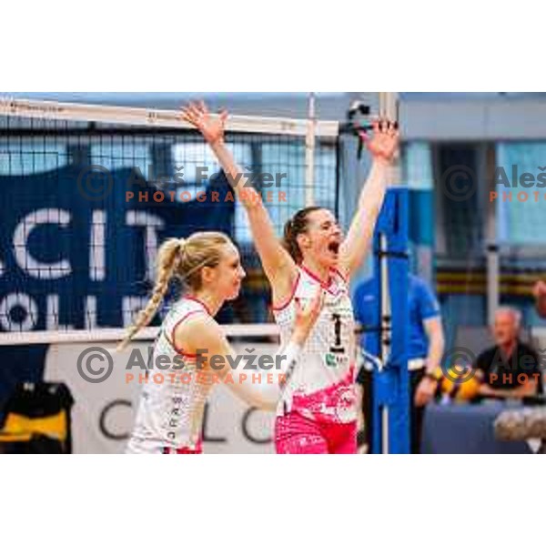 Iza Mlakar and players of OTP banka Branik celebrate Slovenian National Volleyball Title in Kamnik, Slovenia on April 30, 2025