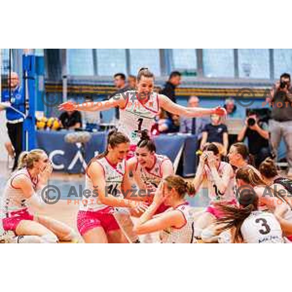 Iza Mlakar and players of OTP banka Branik celebrate Slovenian National Volleyball Title in Kamnik, Slovenia on April 30, 2025