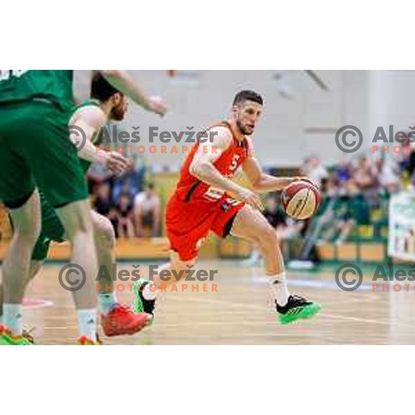 Aleksej Nikolic in action during at regular season basketball match of AdmiralBet ABA League 2024/2025 between Krka (SLO) and Cedevita Olimpija Ljubljana (SLO) in Novo mesto, Slovenia on May 3, 2025