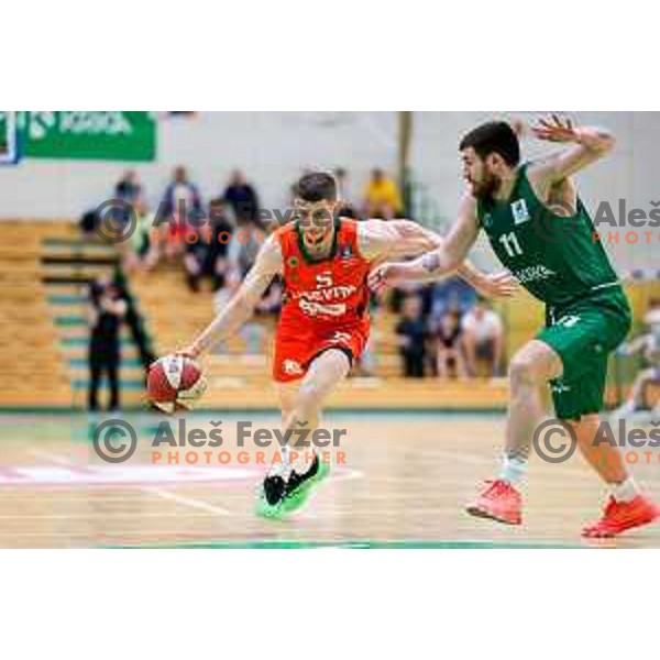 Aleksej Nikolic in action during at regular season basketball match of AdmiralBet ABA League 2024/2025 between Krka (SLO) and Cedevita Olimpija Ljubljana (SLO) in Novo mesto, Slovenia on May 3, 2025