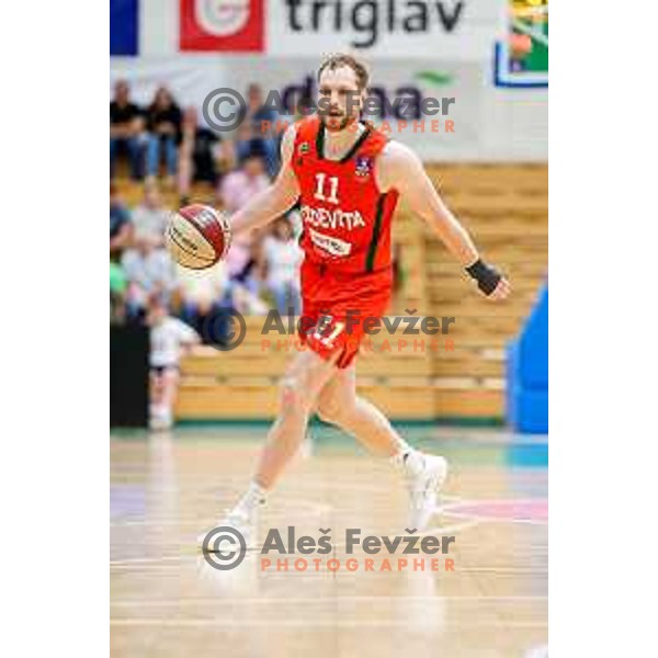 Jaka Blazic in action during at regular season basketball match of AdmiralBet ABA League 2024/2025 between Krka (SLO) and Cedevita Olimpija Ljubljana (SLO) in Novo mesto, Slovenia on May 3, 2025