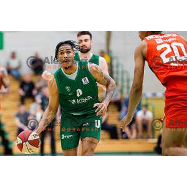 in action during at regular season basketball match of AdmiralBet ABA League 2024/2025 between Krka (SLO) and Cedevita Olimpija Ljubljana (SLO) in Novo mesto, Slovenia on May 3, 2025