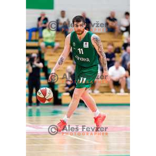 in action during at regular season basketball match of AdmiralBet ABA League 2024/2025 between Krka (SLO) and Cedevita Olimpija Ljubljana (SLO) in Novo mesto, Slovenia on May 3, 2025