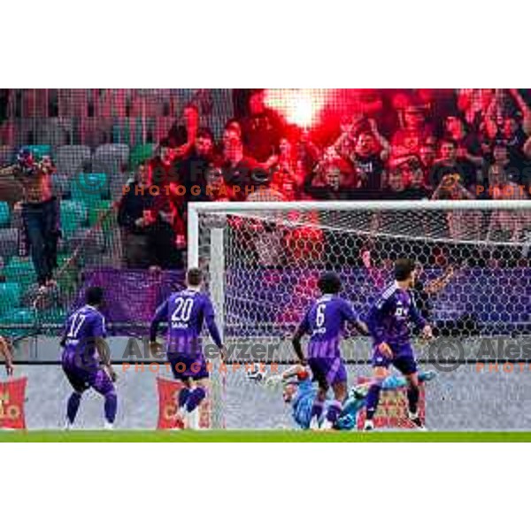 Dino Kojic scores a goal past Azbe Jug at Prva liga Telemach 2024/2025 football match between Olimpija and Maribor in Ljubljana, Slovenia on May 3, 2025