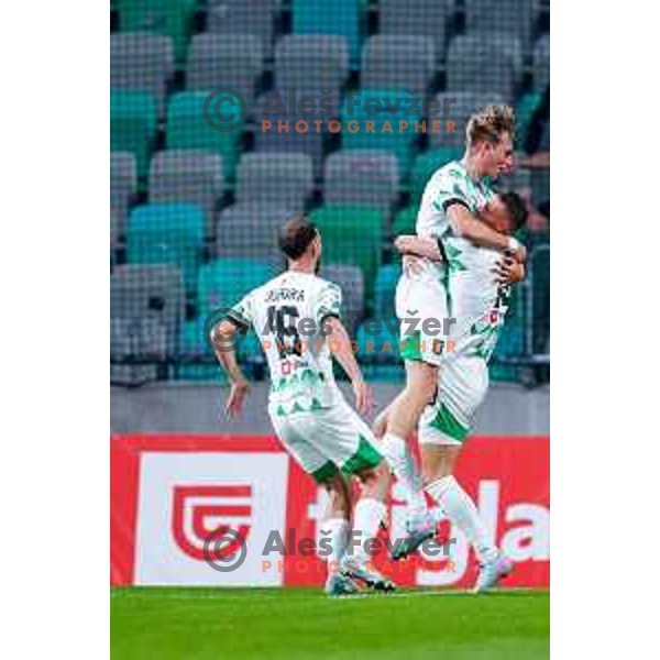 Jurgen Celhaka, Dino Kojic and Raul Florucz of Olimpija celebrate a goal during Prva liga Telemach 2024/2025 football match between Olimpija and Maribor in Ljubljana, Slovenia on May 3, 2025