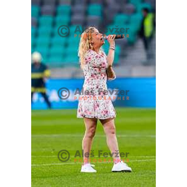 Anika Horvat sings before the start of Prva liga Telemach 2024/2025 football match between Olimpija and Maribor in Ljubljana, Slovenia on May 3, 2025
