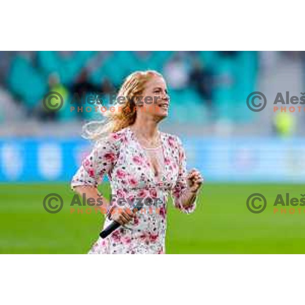 Anika Horvat sings before the start of Prva liga Telemach 2024/2025 football match between Olimpija and Maribor in Ljubljana, Slovenia on May 3, 2025