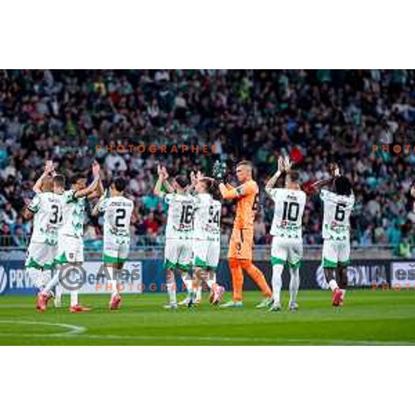 Matevz Vidovsek and players of Olimpija salute to the fans during Prva liga Telemach 2024/2025 football match between Olimpija and Maribor in Ljubljana, Slovenia on May 3, 2025