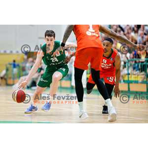 in action during at regular season basketball match of AdmiralBet ABA League 2024/2025 between Krka (SLO) and Cedevita Olimpija Ljubljana (SLO) in Novo mesto, Slovenia on May 3, 2025