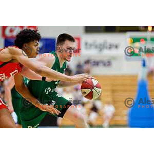 in action during at regular season basketball match of AdmiralBet ABA League 2024/2025 between Krka (SLO) and Cedevita Olimpija Ljubljana (SLO) in Novo mesto, Slovenia on May 3, 2025