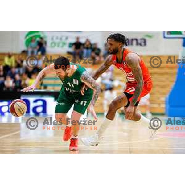 in action during at regular season basketball match of AdmiralBet ABA League 2024/2025 between Krka (SLO) and Cedevita Olimpija Ljubljana (SLO) in Novo mesto, Slovenia on May 3, 2025