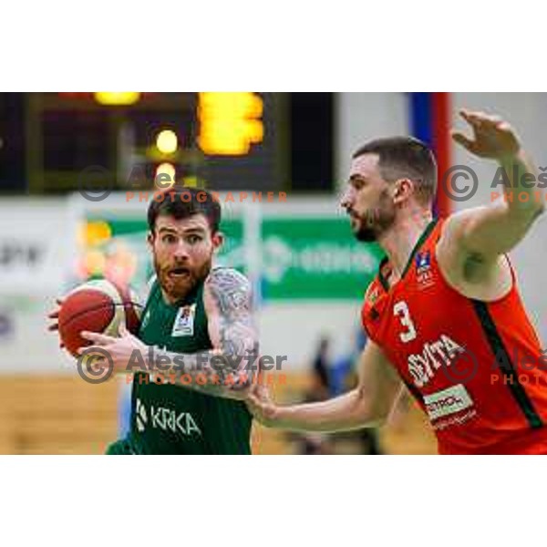 Rok Radovic in action during at regular season basketball match of AdmiralBet ABA League 2024/2025 between Krka (SLO) and Cedevita Olimpija Ljubljana (SLO) in Novo mesto, Slovenia on May 3, 2025