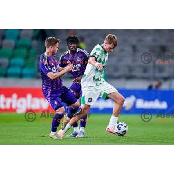 Jan Repas and Dino Kojic in action during Prva liga Telemach 2024/2025 football match between Olimpija and Maribor in Ljubljana, Slovenia on May 3, 2025