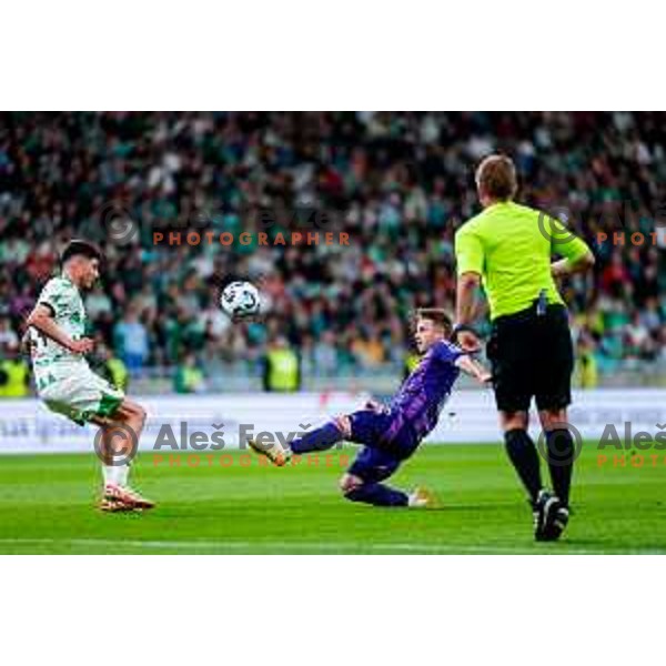 Agustin Doffo and Jan Repas in action during Prva liga Telemach 2024/2025 football match between Olimpija and Maribor in Ljubljana, Slovenia on May 3, 2025