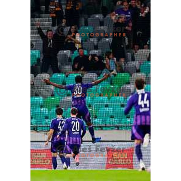 Benjamin Tetteh celebrates a goal during Prva liga Telemach 2024/2025 football match between Olimpija and Maribor in Ljubljana, Slovenia on May 3, 2025