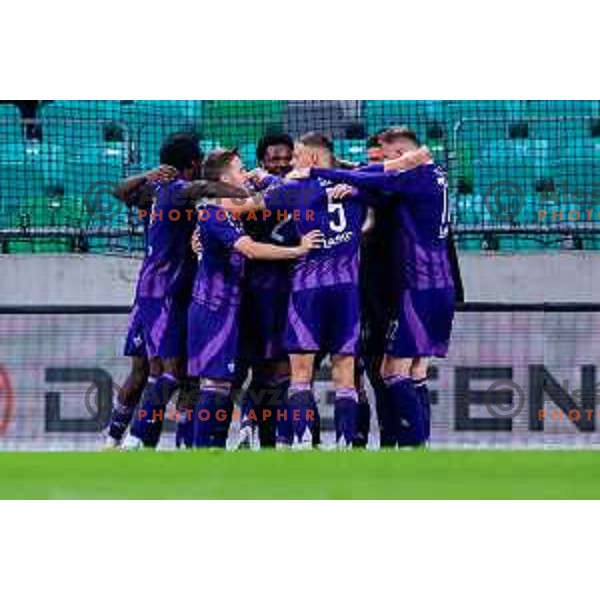 Jan Repas, Josip Ilicic and players of Maribor celebrate a goal during Prva liga Telemach 2024/2025 football match between Olimpija and Maribor in Ljubljana, Slovenia on May 3, 2025
