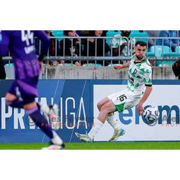 Jurgen Celhaka in action during Prva liga Telemach 2024/2025 football match between Olimpija and Maribor in Ljubljana, Slovenia on May 3, 2025