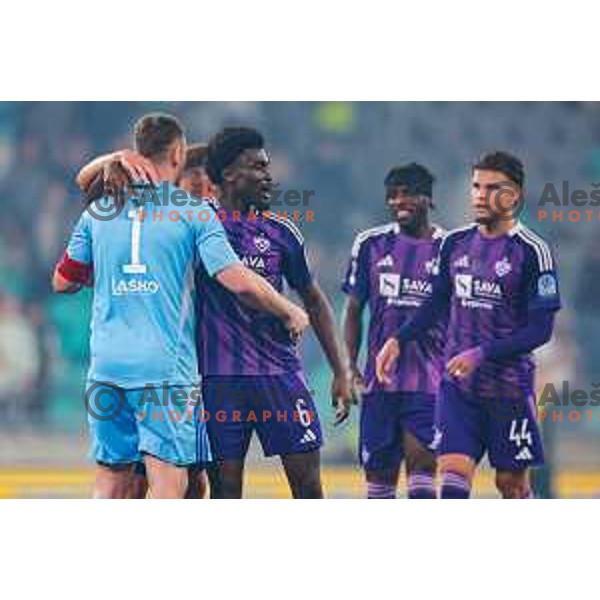 Azbe Jug and Bradley M\'Bondo celebrate a victory at Prva liga Telemach 2024/2025 football match between Olimpija and Maribor in Ljubljana, Slovenia on May 3, 2025