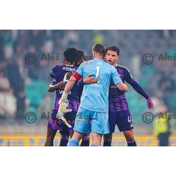 Azbe Jug and Omar Rekik celebrate a victory at Prva liga Telemach 2024/2025 football match between Olimpija and Maribor in Ljubljana, Slovenia on May 3, 2025