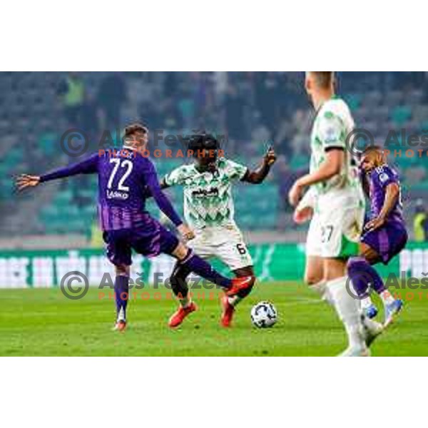 Josip Ilicic and Peter Agba in action during Prva liga Telemach 2024/2025 football match between Olimpija and Maribor in Ljubljana, Slovenia on May 3, 2025