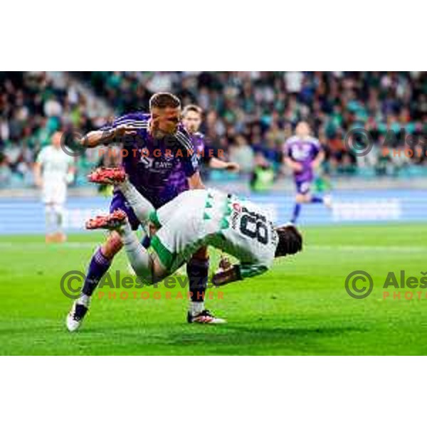 Pijus Sirvys and Marko Brest in action during Prva liga Telemach 2024/2025 football match between Olimpija and Maribor in Ljubljana, Slovenia on May 3, 2025