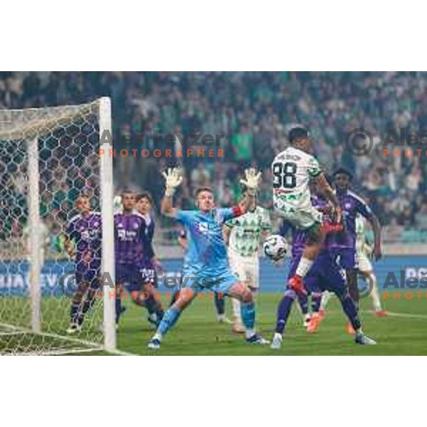 Azbe Jug and Charles Thalisson in action during Prva liga Telemach 2024/2025 football match between Olimpija and Maribor in Ljubljana, Slovenia on May 3, 2025