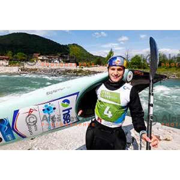 Ziga Lin Hocevar (SLO) comeptes at ICF Canoe slalom in Tacen, Ljubljana Slovenia on April 27, 2025