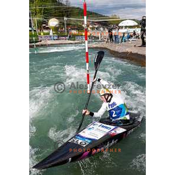 Eva Alina Hocevar (SLO) comeptes at ICF Canoe slalom in Tacen, Ljubljana Slovenia on April 27, 2025