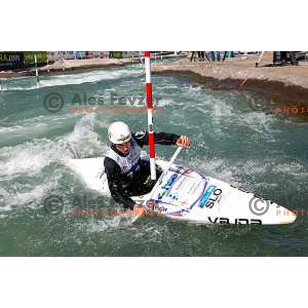 Jus Javornik (SLO) competes at ICF Canoe slalom in Tacen, Ljubljana Slovenia on April 27, 2025