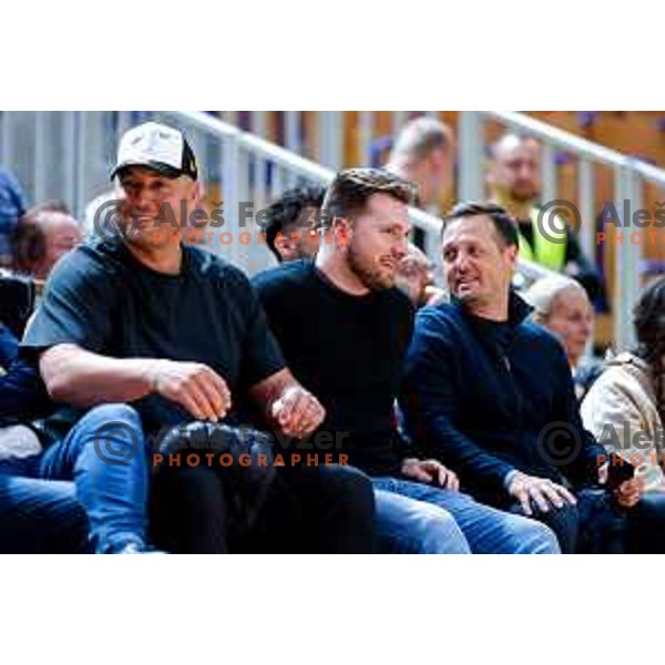 Marko Milic, Luka Doncic and Aleksander Sekulic watch The Final of ABA 2 League basketball match between Ilirija (SLO) and Bosna Visit Sarajevo (BiH) in Tivoli Hall, Ljubljana, Slovenia on May 7, 2025