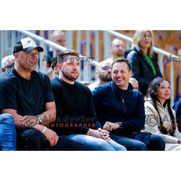 Marko Milic, Luka Doncic and Aleksander Sekulic watch The Final of ABA 2 League basketball match between Ilirija (SLO) and Bosna Visit Sarajevo (BiH) in Tivoli Hall, Ljubljana, Slovenia on May 7, 2025