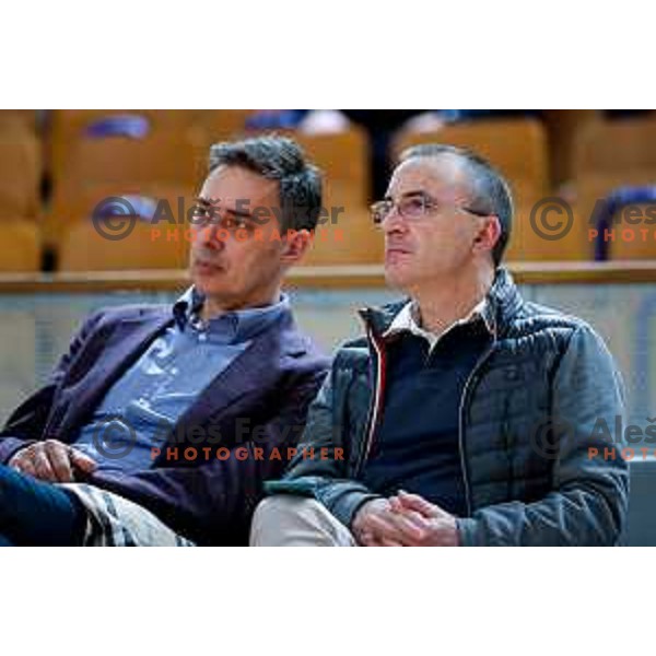 Davor Uzbinec and Chechu during The Final of ABA 2 League basketball match between Ilirija (SLO) and Bosna Visit Sarajevo (BiH) in Tivoli Hall, Ljubljana, Slovenia on May 7, 2025