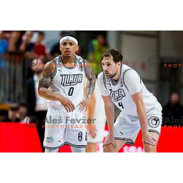 Vincent Lamont Golson Jr. and Tadej Ferme of Ilirija during The Final of ABA 2 League basketball match between Ilirija (SLO) and Bosna Visit Sarajevo (BiH) in Tivoli Hall, Ljubljana, Slovenia on May 7, 2025