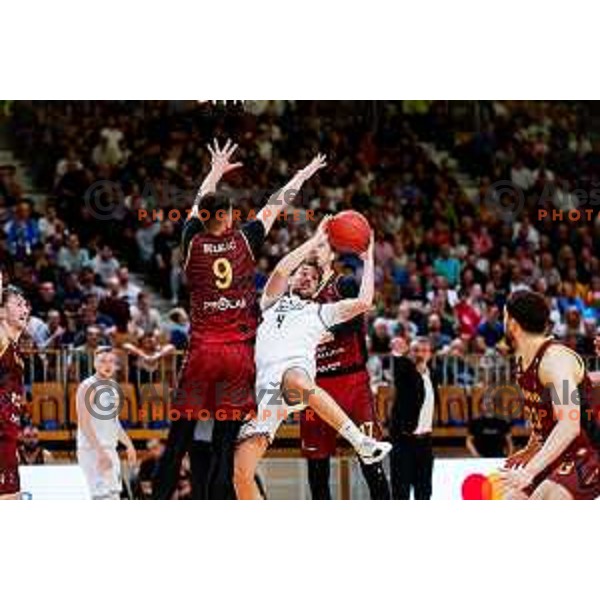 Tadej Ferme in action during second match of the Final of ABA 2 League 2024/25 basketball match between Iliriija and Bosna Visit Sarajevo in Hala Tivoli, Ljubljana, Slovenia on May 7, 2025