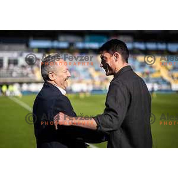 Slavisa Stojanovic, head coach of Koper and Albert Riera, head coach of Celje handshake before Prva liga Telemach football match between Celje and Koper in Stadion z’dezele, Celje, Slovenia on May 10, 2025. Photo: Jure Banfi
