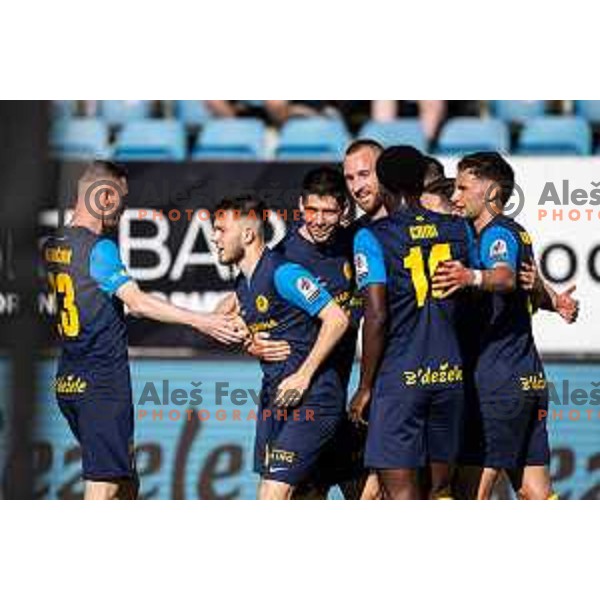 Nikita Iosifov, Svit Seslar and other players celebrating goal during Prva liga Telemach football match between Celje and Koper in Stadion z’dezele, Celje, Slovenia on May 10, 2025. Photo: Jure Banfi