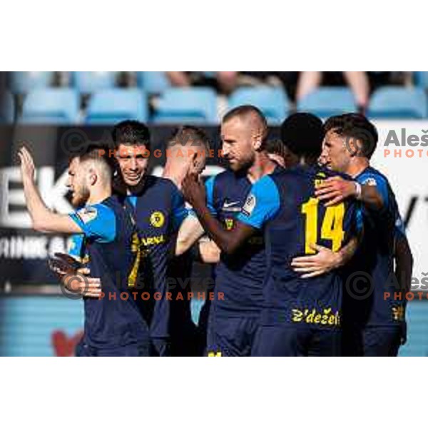 Nikita Iosifov, Svit Seslar and other players celebrating goal during Prva liga Telemach football match between Celje and Koper in Stadion z’dezele, Celje, Slovenia on May 10, 2025. Photo: Jure Banfi