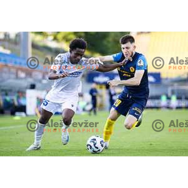Isaac Matondo vs Nikita Iosifov in action during Prva liga Telemach football match between Celje and Koper in Stadion z’dezele, Celje, Slovenia on May 10, 2025. Photo: Jure Banfi
