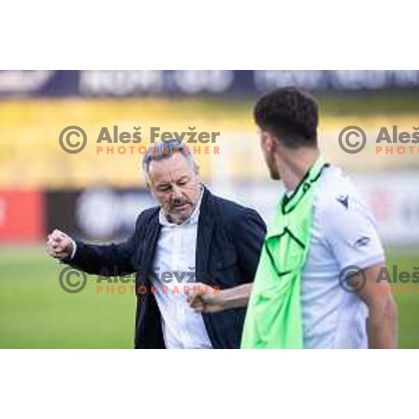 Slavisa Stojanovic, head coach of Koper celebrating victory during Prva liga Telemach football match between Celje and Koper in Stadion z’dezele, Celje, Slovenia on May 10, 2025. Photo: Jure Banfi