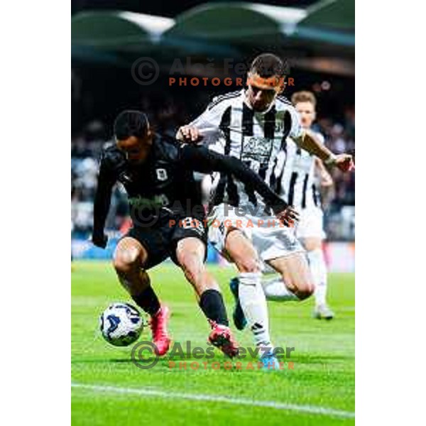 in action during Prva liga Telemach 2024/2025 football match between Mura and Olimpija in Murska Sobota, Slovenia on May 10, 2025