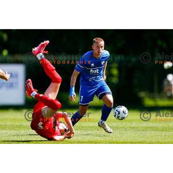 in action during 2.SNL 2024/2025 football match between Slovan and Gorica in Ljubljana, Slovenia on May 11, 2025
