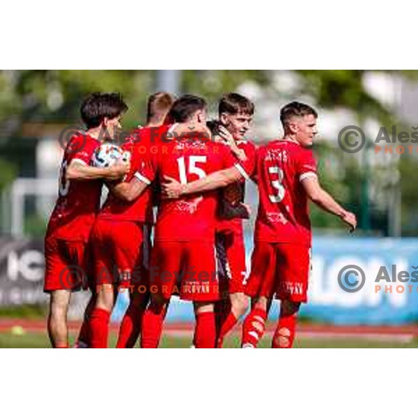 in action during 2.SNL 2024/2025 football match between Slovan and Gorica in Ljubljana, Slovenia on May 11, 2025